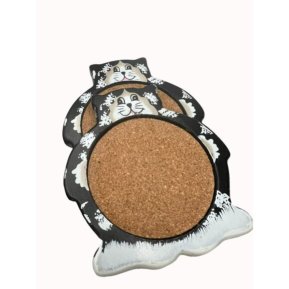 Set Of 4 Kitty Cat Coasters Hand Painted with Carrier Cork Center Black & White - Picture 7 of 9